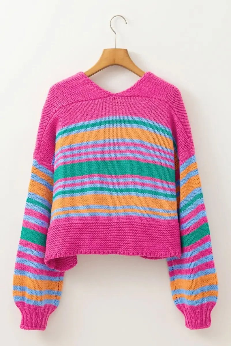 Rose Stripe Colorful Puff Sleeve Drop Shoulder Loose Cardigan - Love Salve